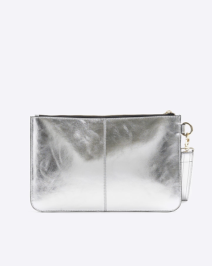 Silver metallic leather clutch bag