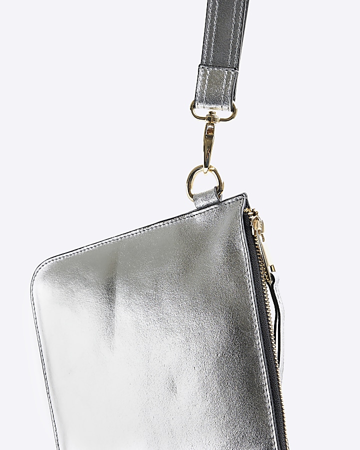 Silver metallic leather clutch bag