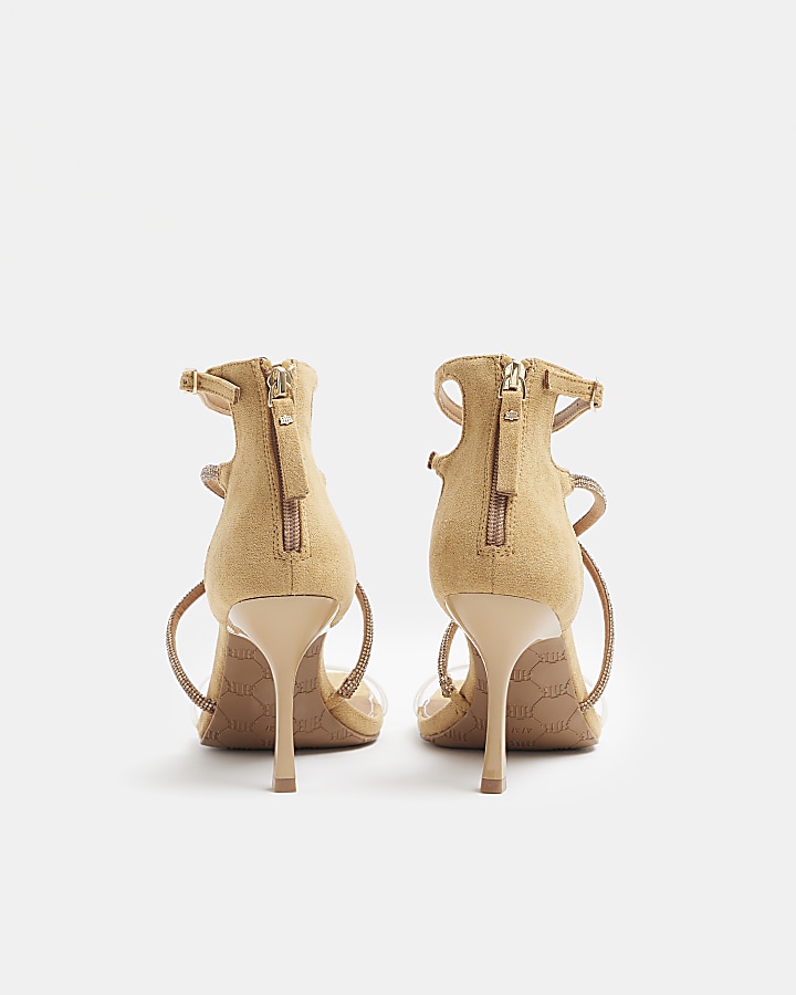 Beige embellished strap heeled sandals