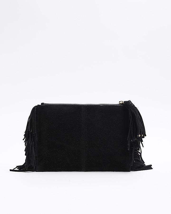 Black suede studded fringed clutch bag