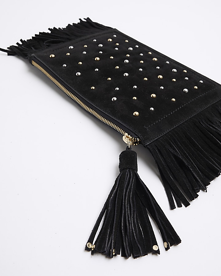 Black suede studded fringed clutch bag