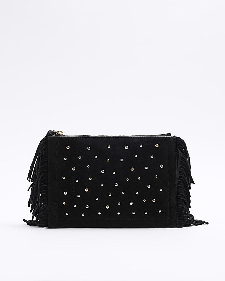 Black suede studded fringed clutch bag River Island