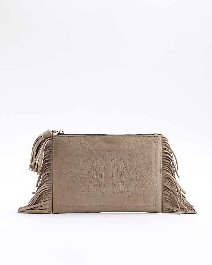 Beige suede fringe pouchette clutch bag