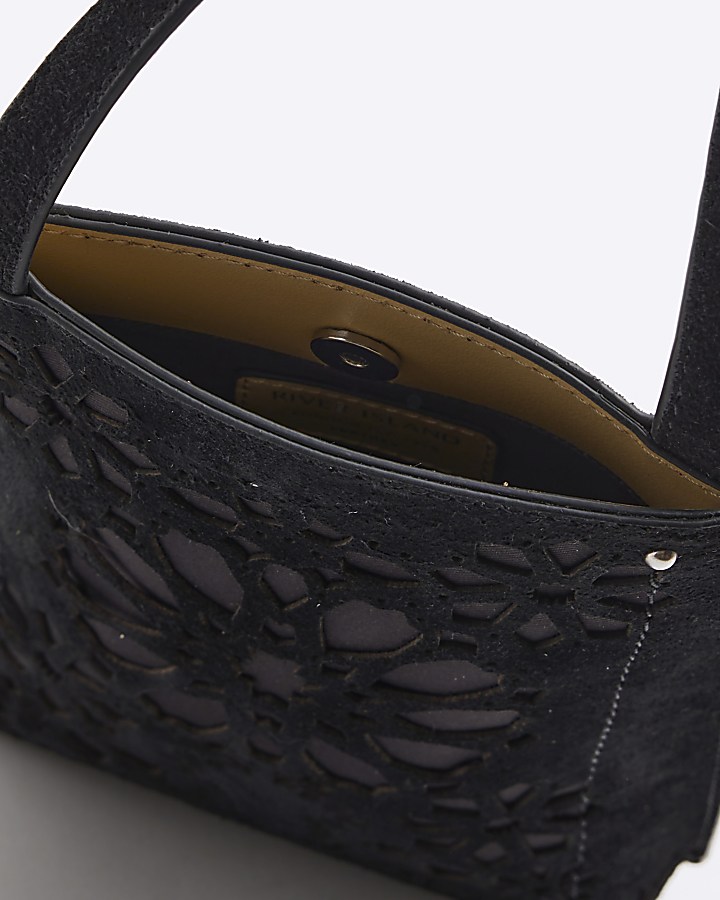 Black suede floral cut out pouch bag