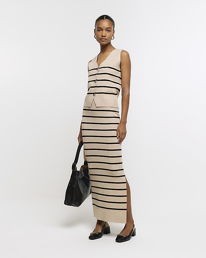 Beige knit stripe maxi skirt | River Island