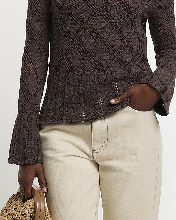 Brown crochet tie back long sleeve top