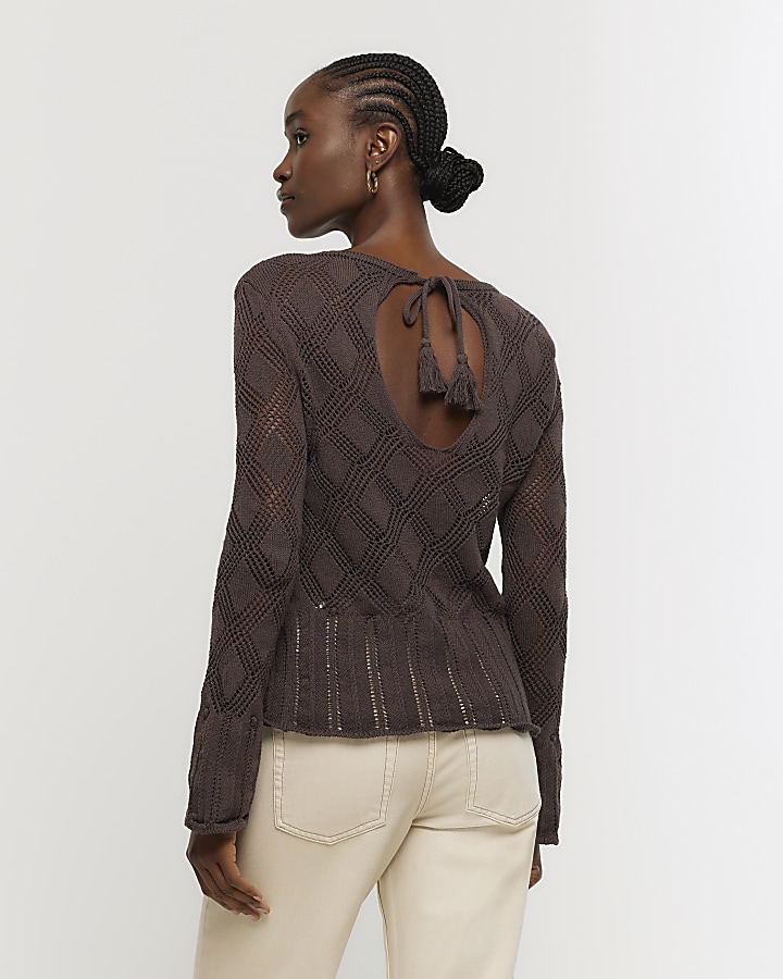 Brown crochet tie back long sleeve top