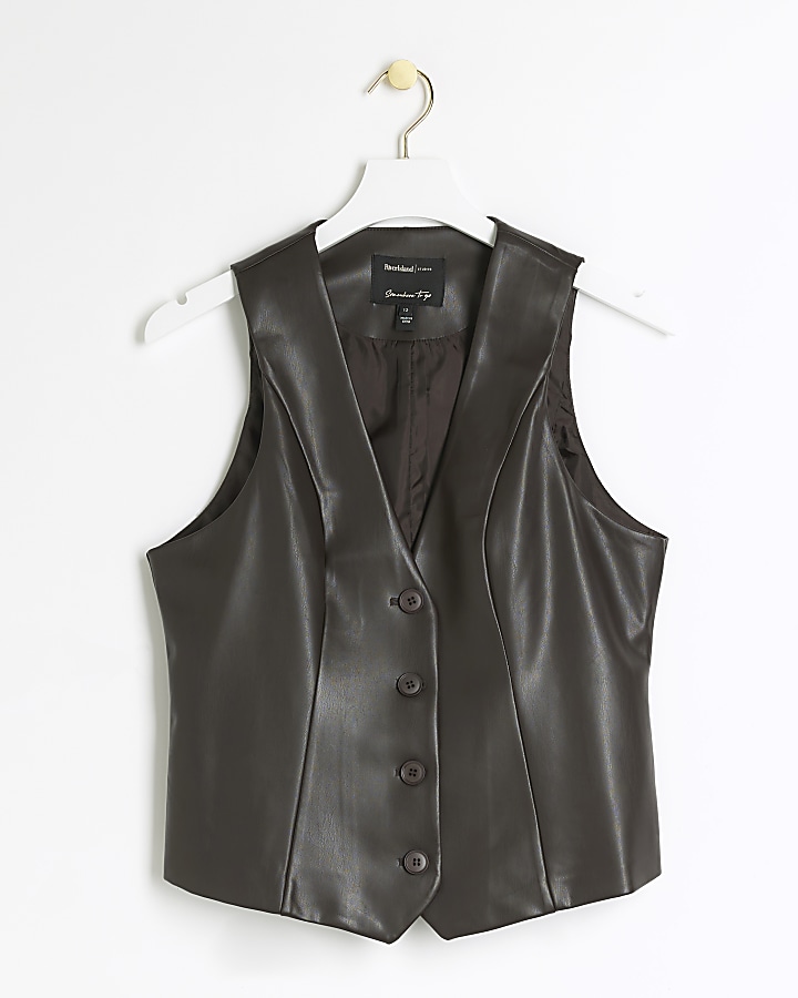 Brown faux leather waistcoat