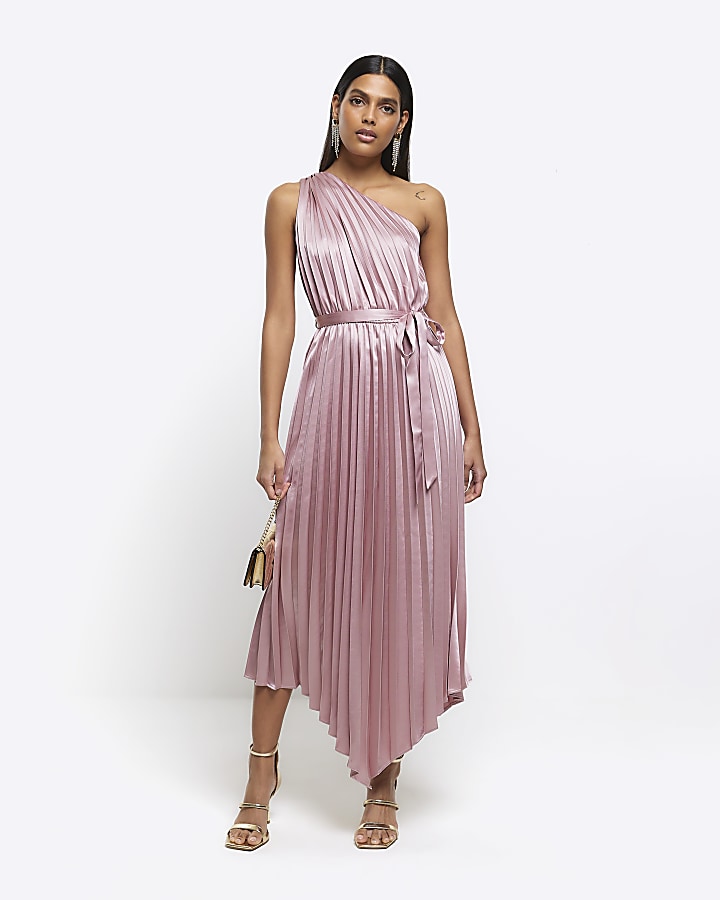 Blush pleated midi sales dress