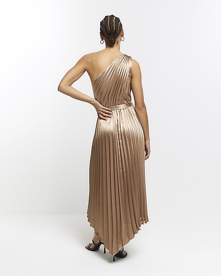 Gold plisse asymmetric slip midi dress