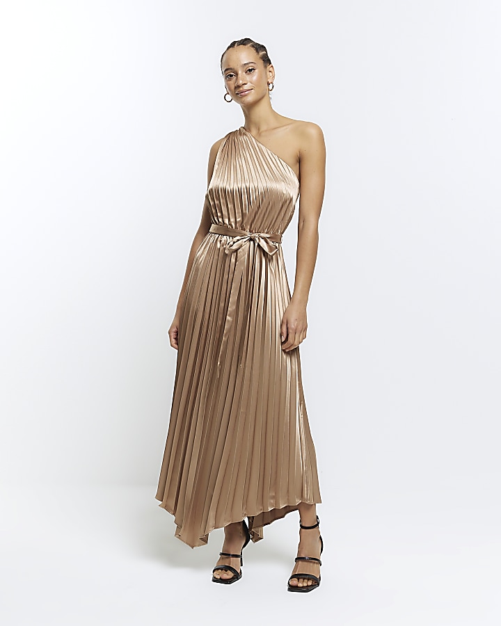 Gold plisse asymmetric slip midi dress