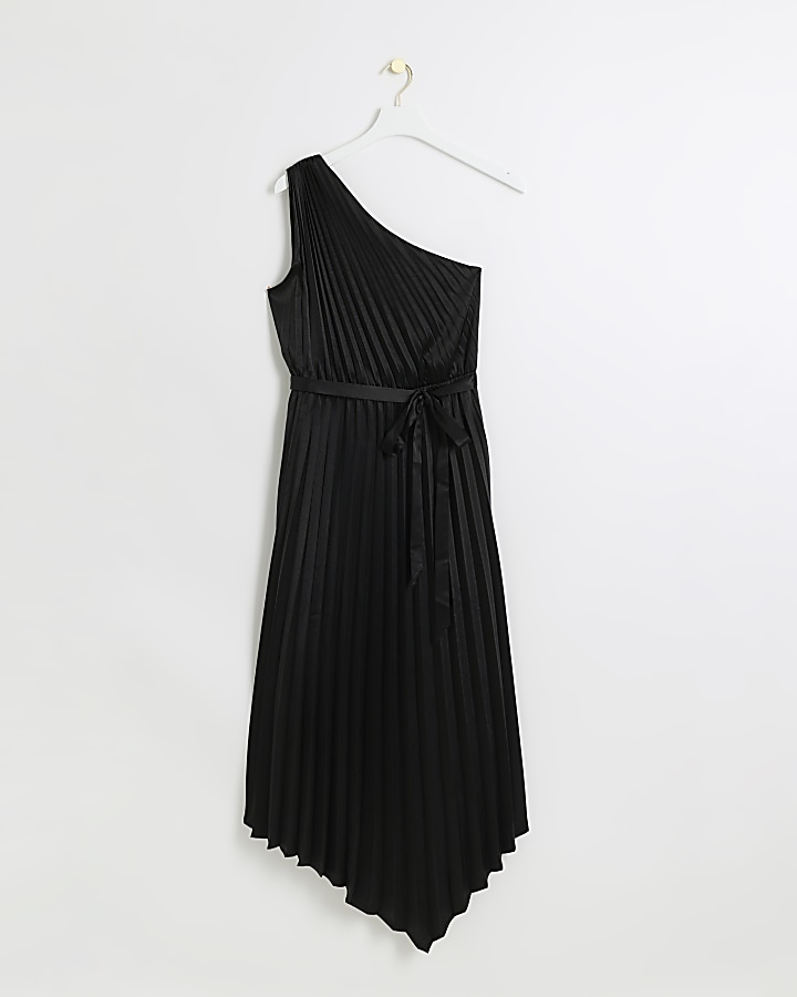 Black pleated asymmetric midi dress