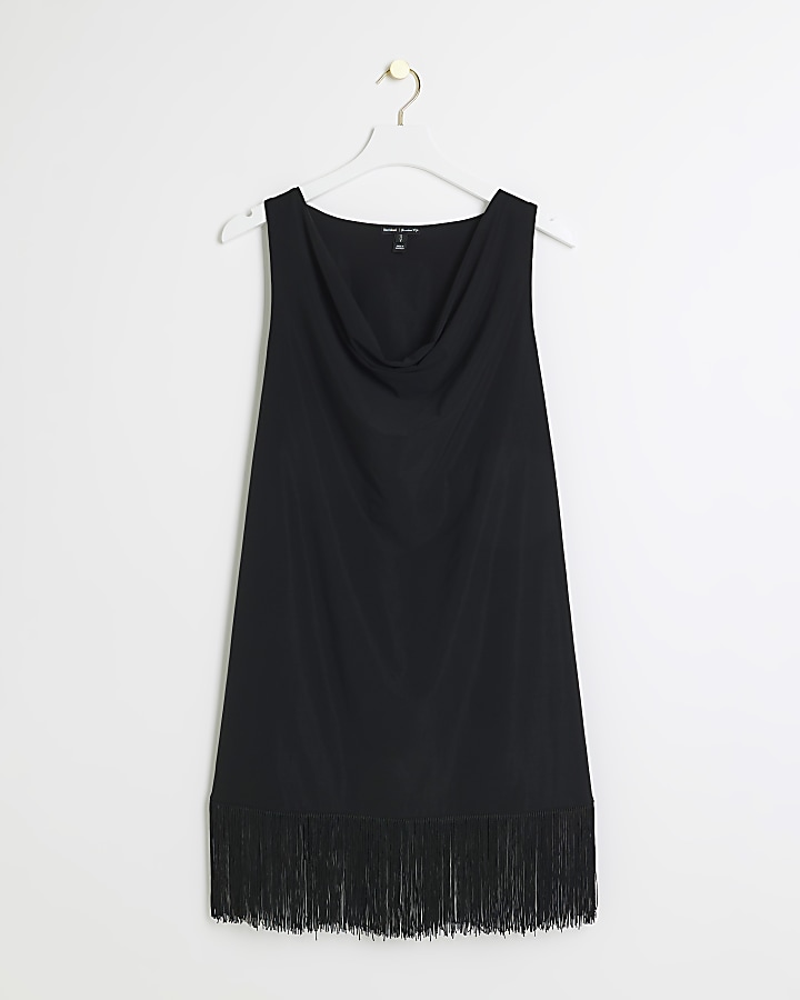 Black fringe hem shift mini dress River Island
