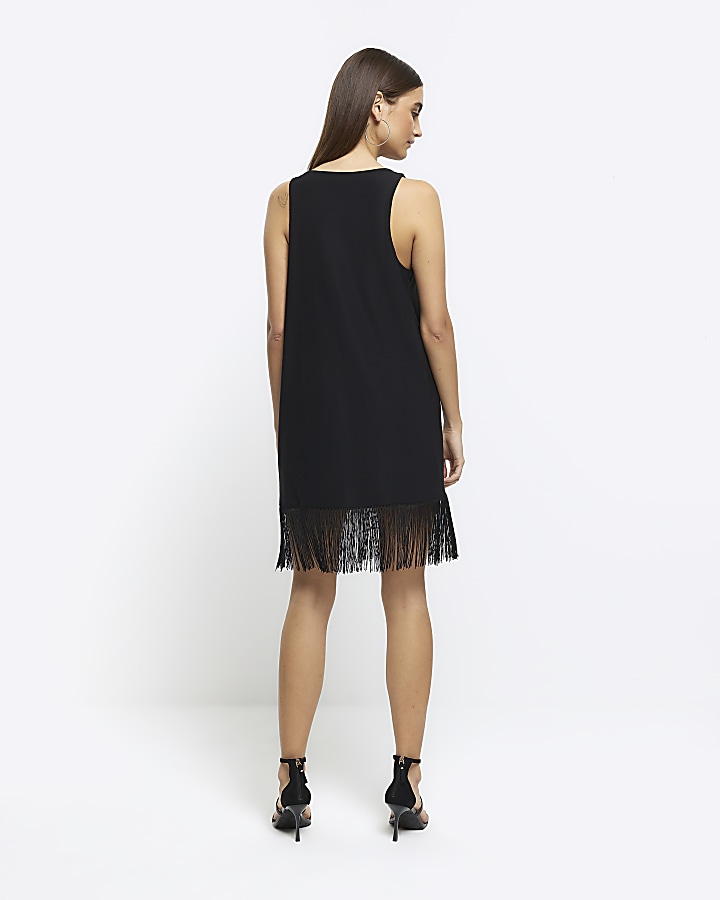 Black fringe hem shift mini dress River Island