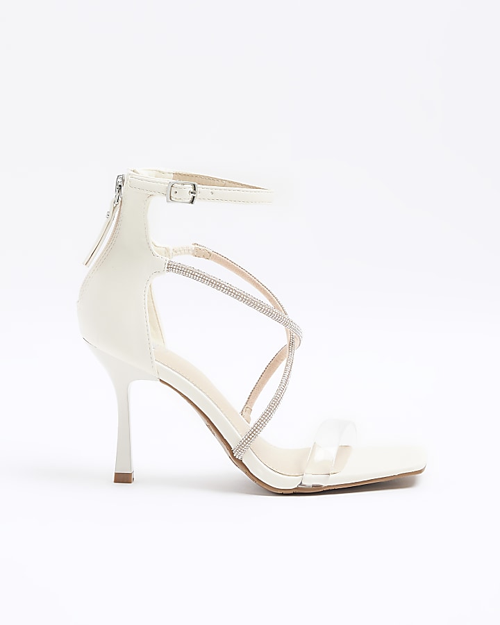 White embellished strap heeled sandals