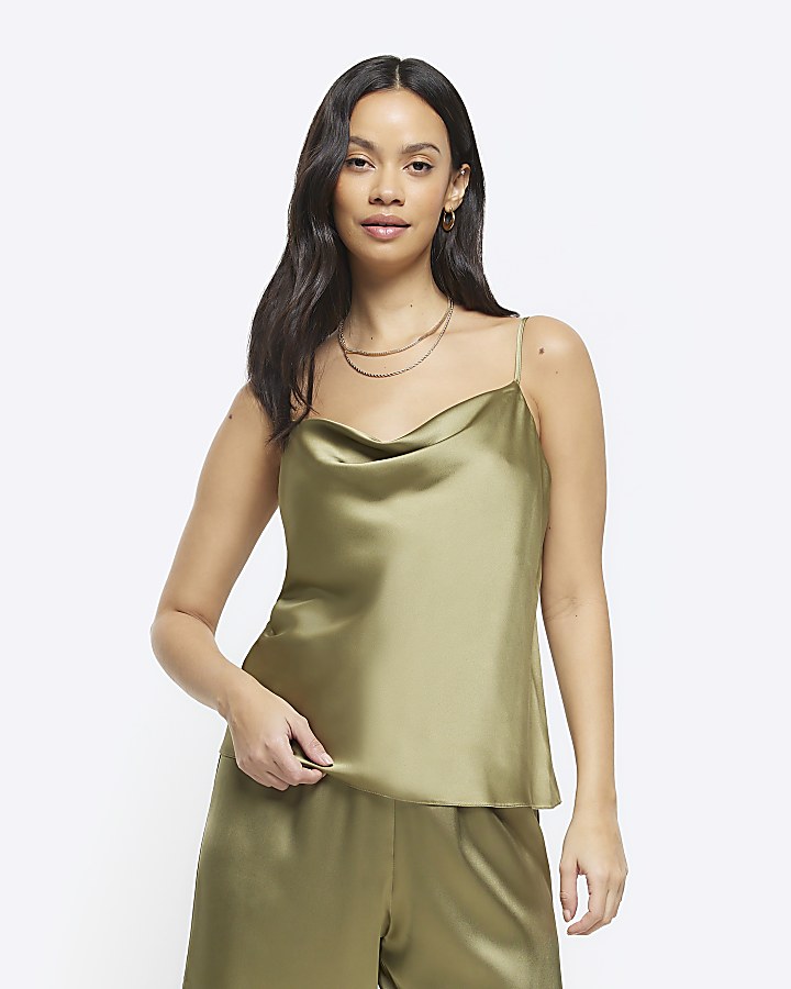 Green satin store cami top