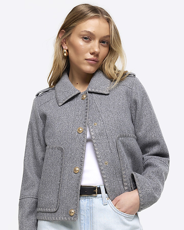 Petite grey stitch detail jacket | River Island