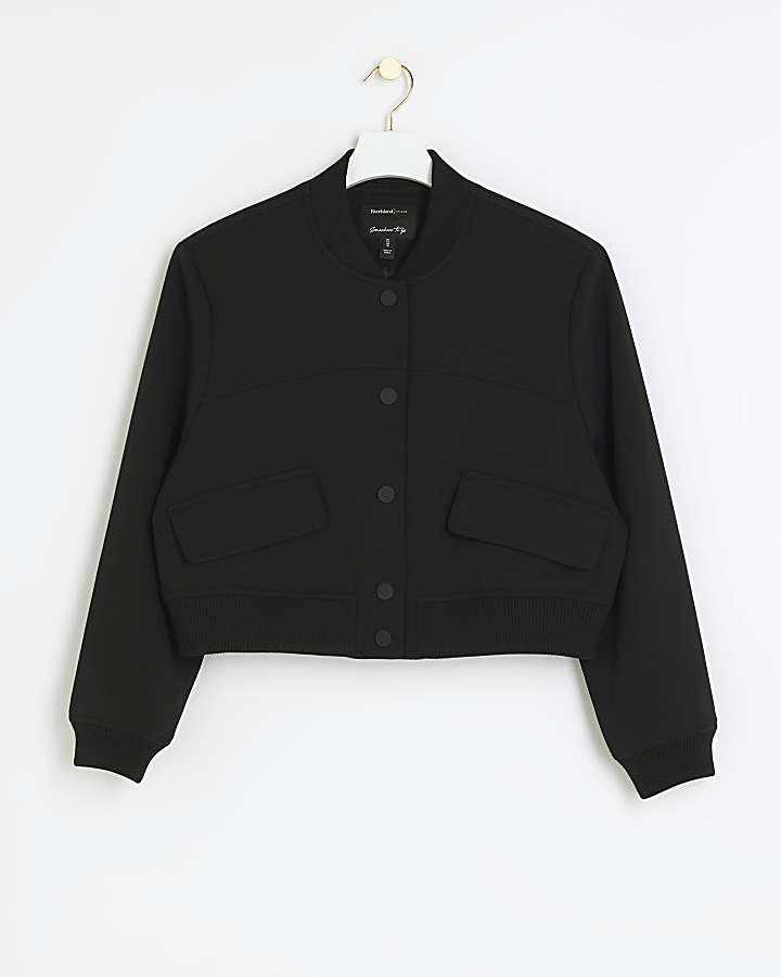 Petite black tailored crop bomber jacket