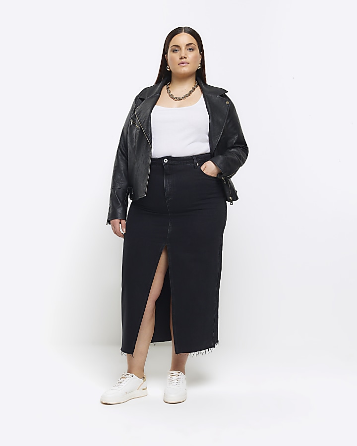 Plus size black 2025 denim midi skirt