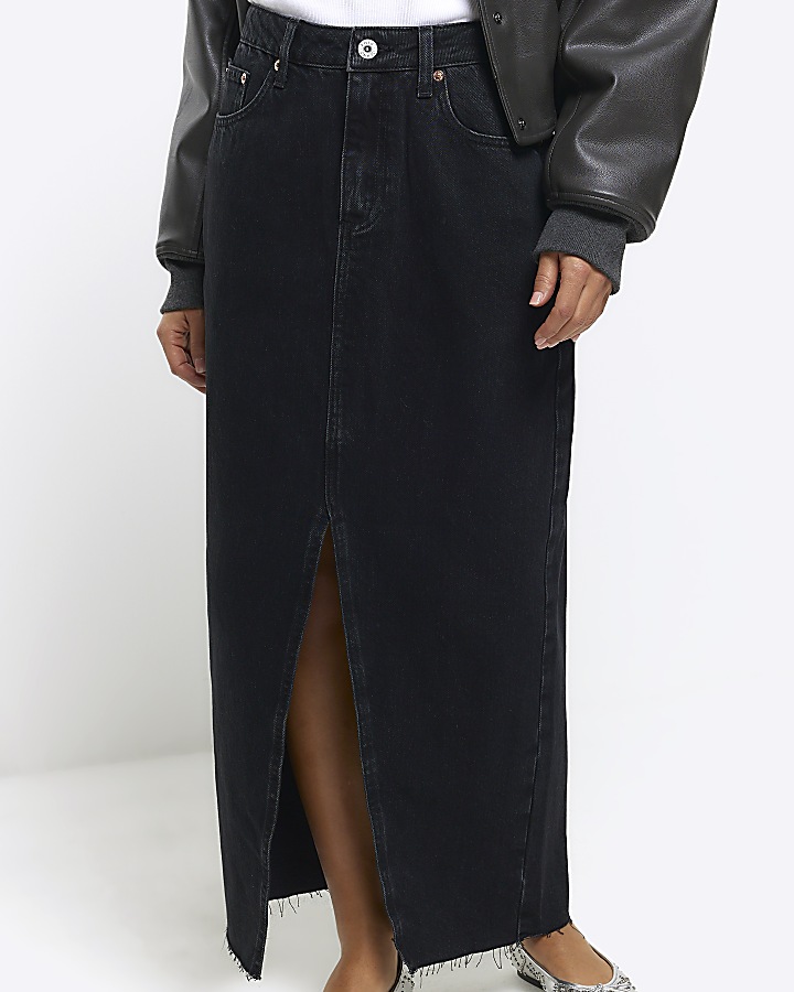 Petite black split hem denim maxi skirt | River Island