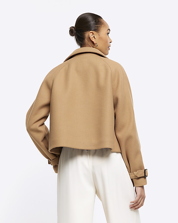 Brown faux wool crop trench coat