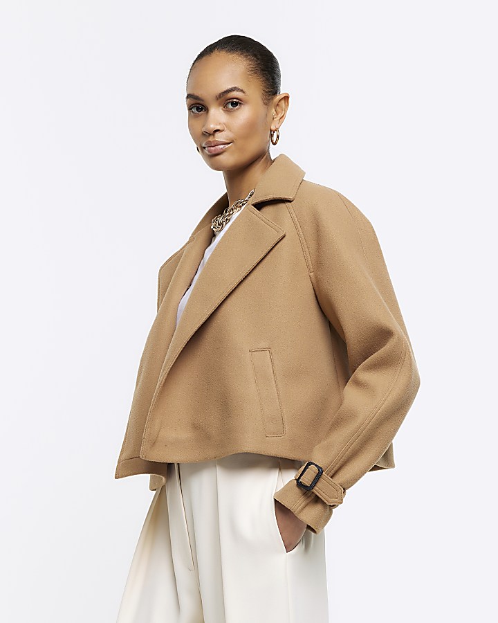 Brown faux wool crop trench coat