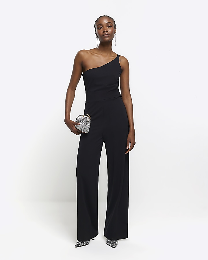 Black one shoulder asymmetric jumpsuit