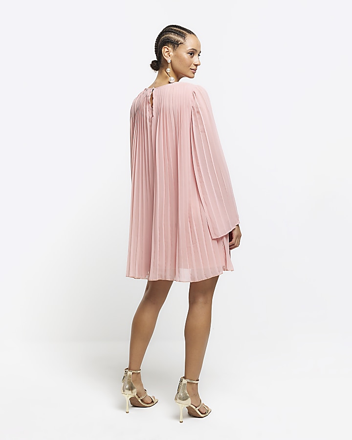 Pink plisse long sleeve shift mini dress