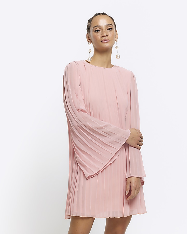 Pink plisse long sleeve shift mini dress