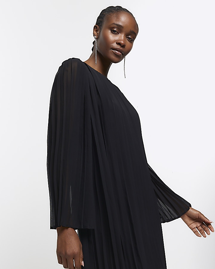Black plisse long sleeve shift mini dress | River Island