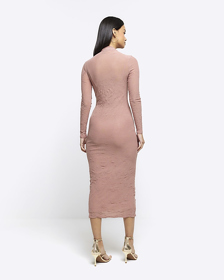 Pink mesh long sleeve bodycon midi dress