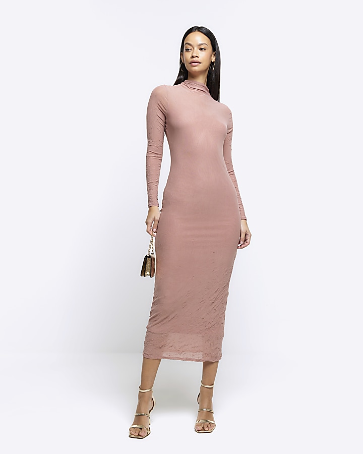 Pink mesh long sleeve bodycon midi dress | River Island