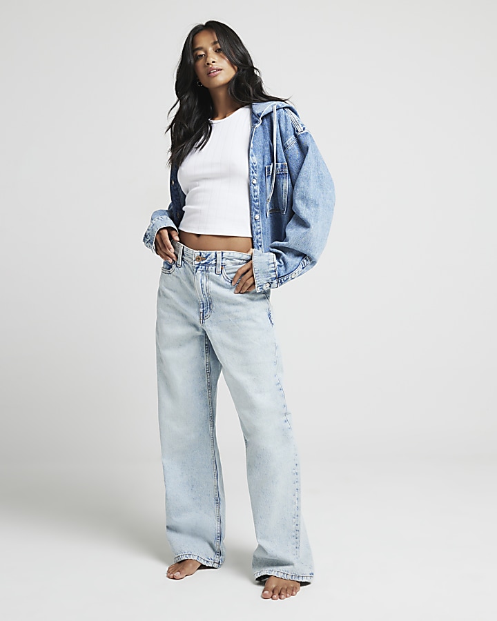 Petite blue high waisted straight jeans | River Island