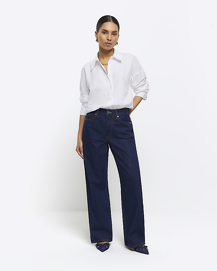 Petite blue high waisted straight jeans