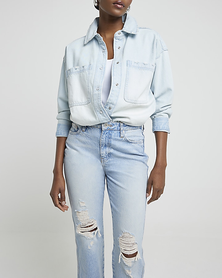Blue high waisted ripped stove straight jeans