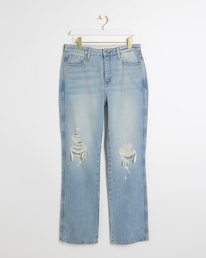 Blue high waisted ripped stove straight jeans