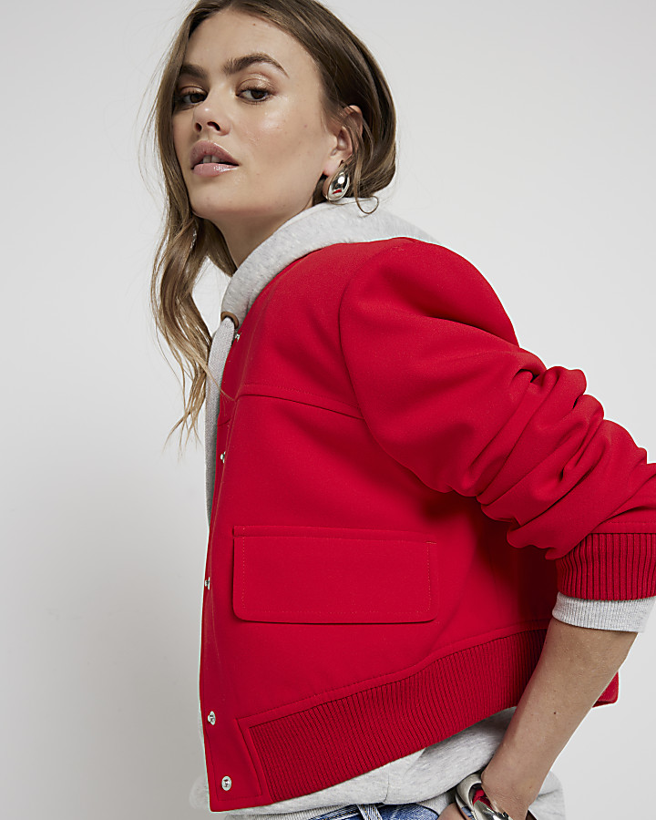 Red tailored crop bomber jacket