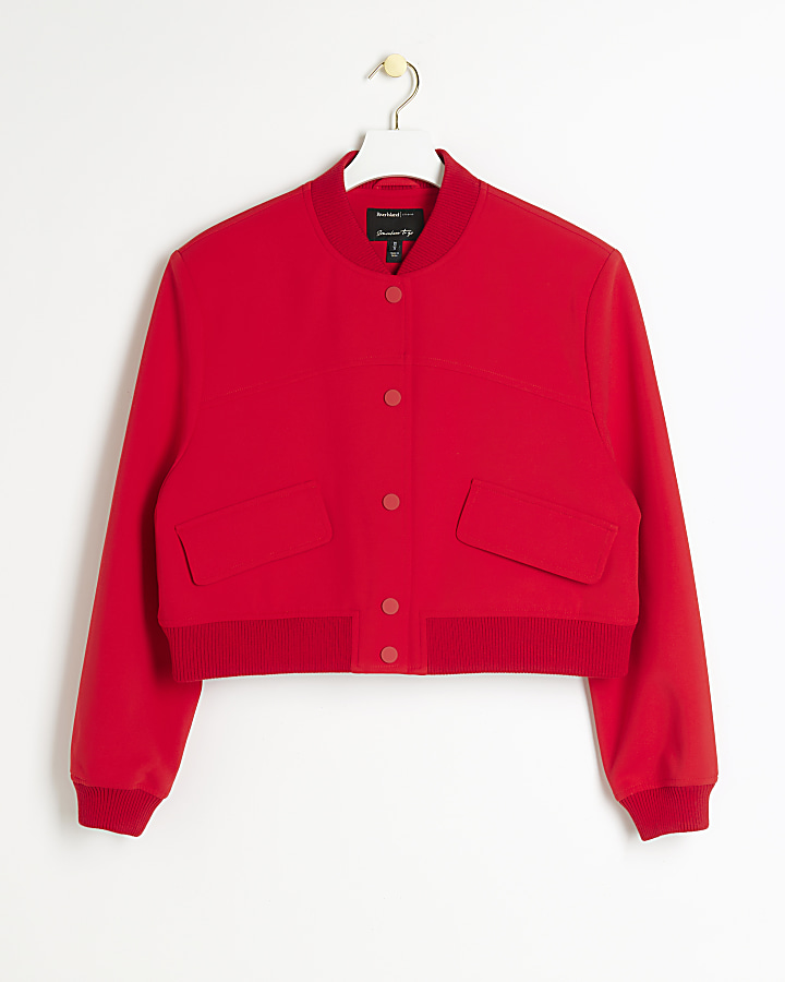 Red tailored crop bomber jacket