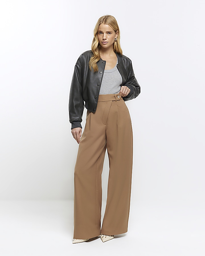 Beige crossed waistband straight trousers