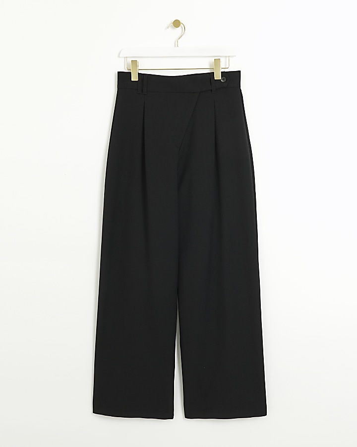 Black asymmetric waist wide leg trousers