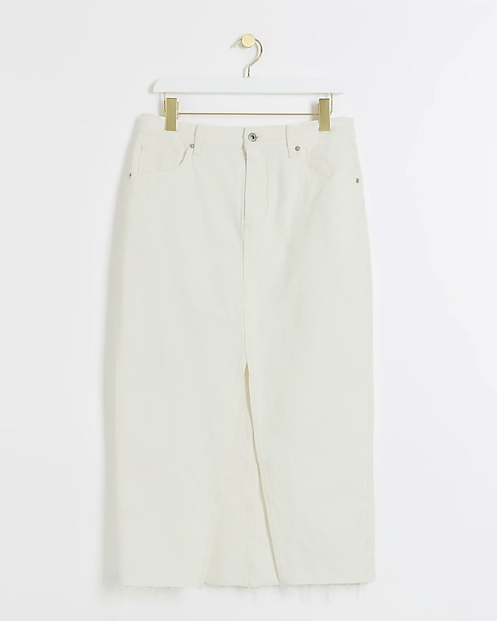 Petite white split hem denim maxi skirt