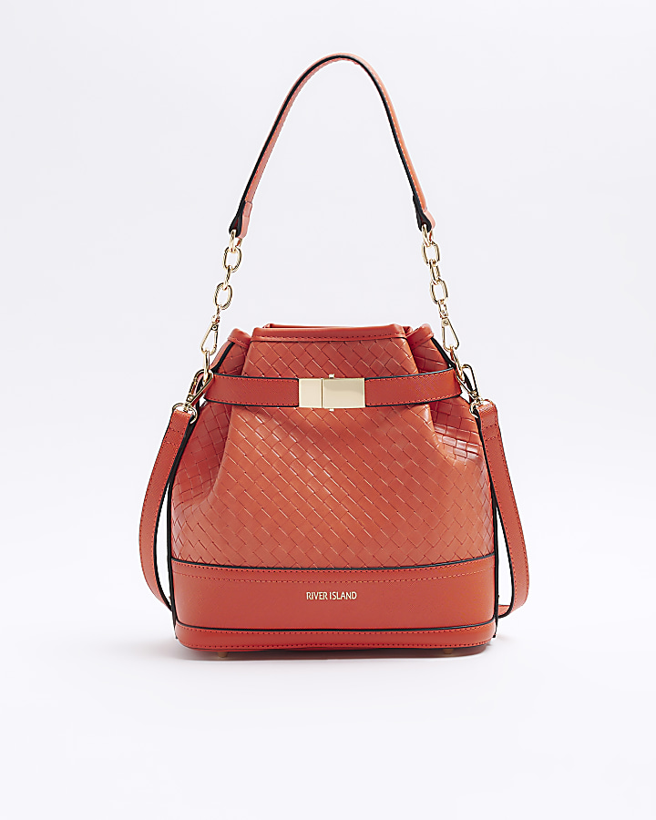 Orange weave bucket cross body bag