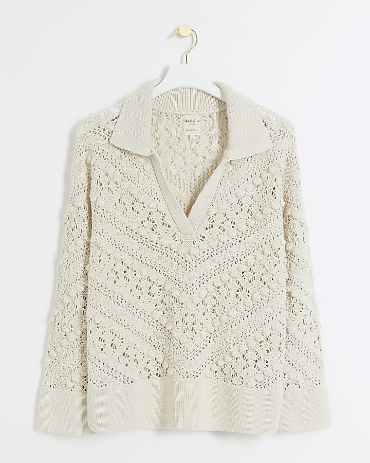 Cream crochet collared jumper River Island
