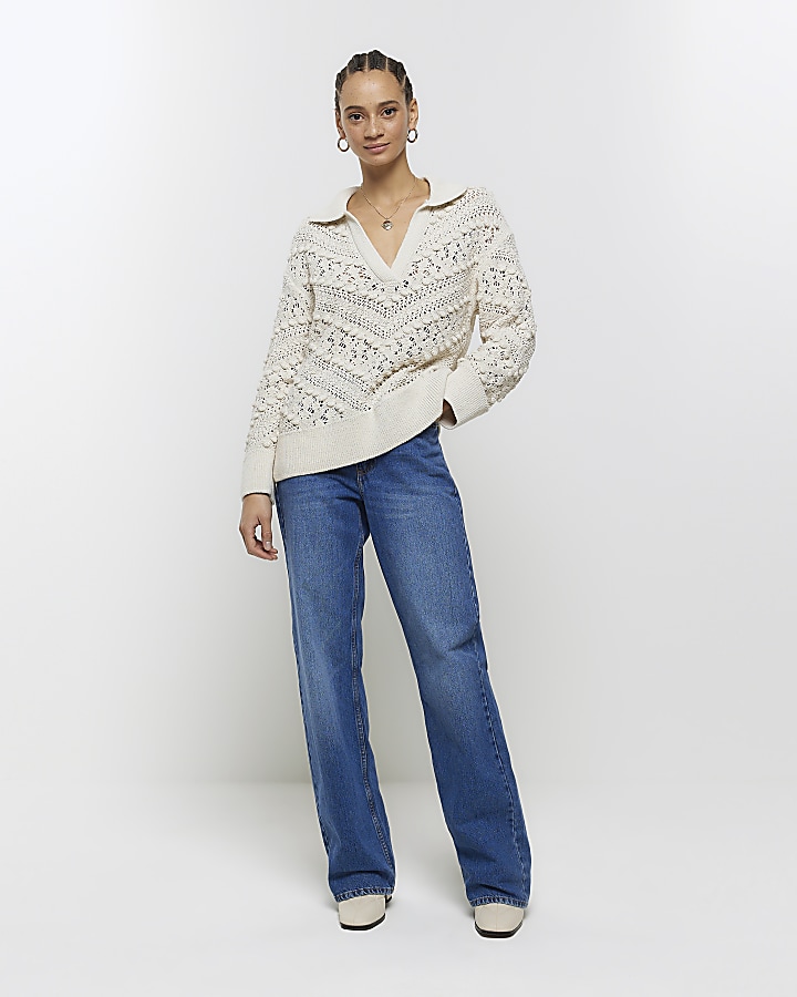 Cream crochet collared jumper River Island