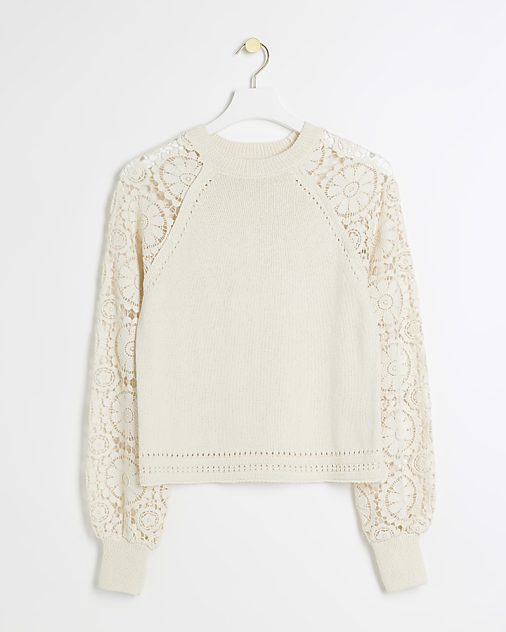 Cream lace long sleeve jumper River Island