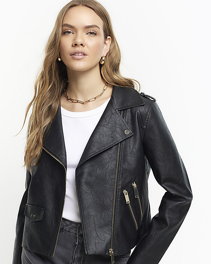 Black faux leather zip biker jacket