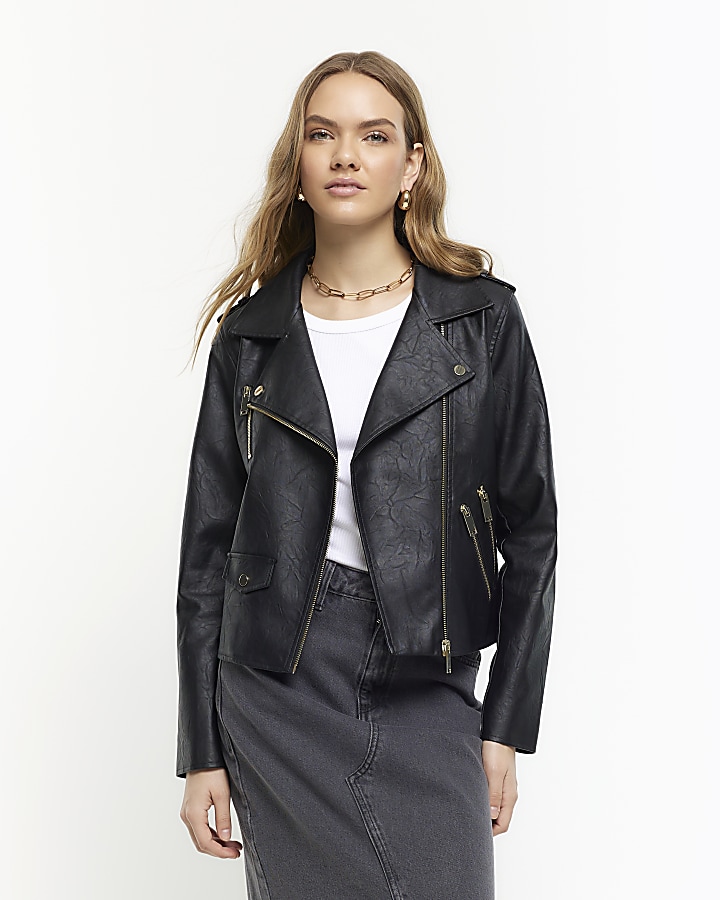 River island faux leather biker jacket with on sale detachable hood in black