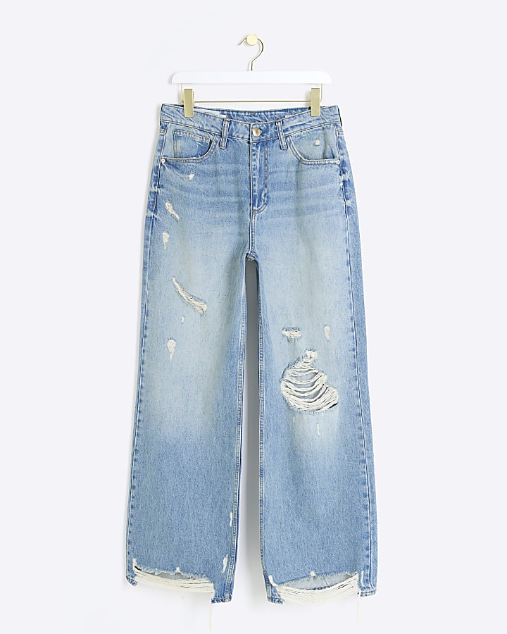 Blue mid rise ripped wide leg jeans