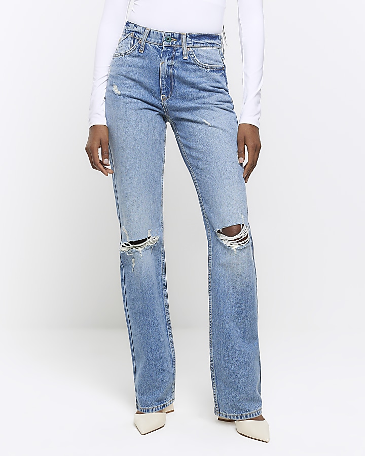 Blue stove pipe straight ripped jeans | River Island