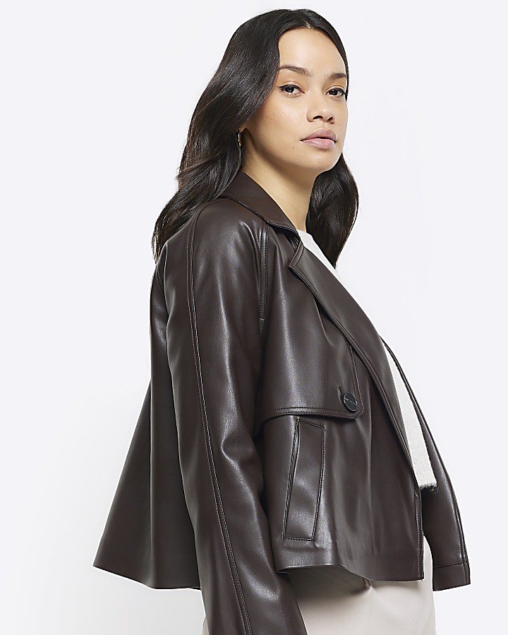 Brown cropped faux leather trench coat
